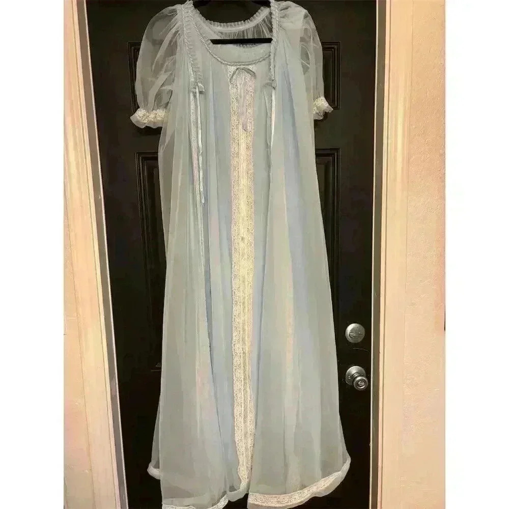 Vintage 1950s Tosca Women's Blue Kimono Robe & Gown Set Size M